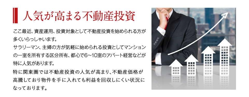 人気が高まる不動産投資　ここ最近、資産運用、投資対象として不動産投資を始められる方が多くいらっしゃいます。サラリーマン、主婦の方が気軽に始められる投資としてマンションの一室を所有する区分所有、都心で6～10室のアパート経営などが特に人気があります。特に東京では、2020年の東京五輪が開催されるにあたり、不動産投資の人気が高まり、不動産の価格が高騰しており、物件を手に入れても利益を回収しにくい状況になっております。