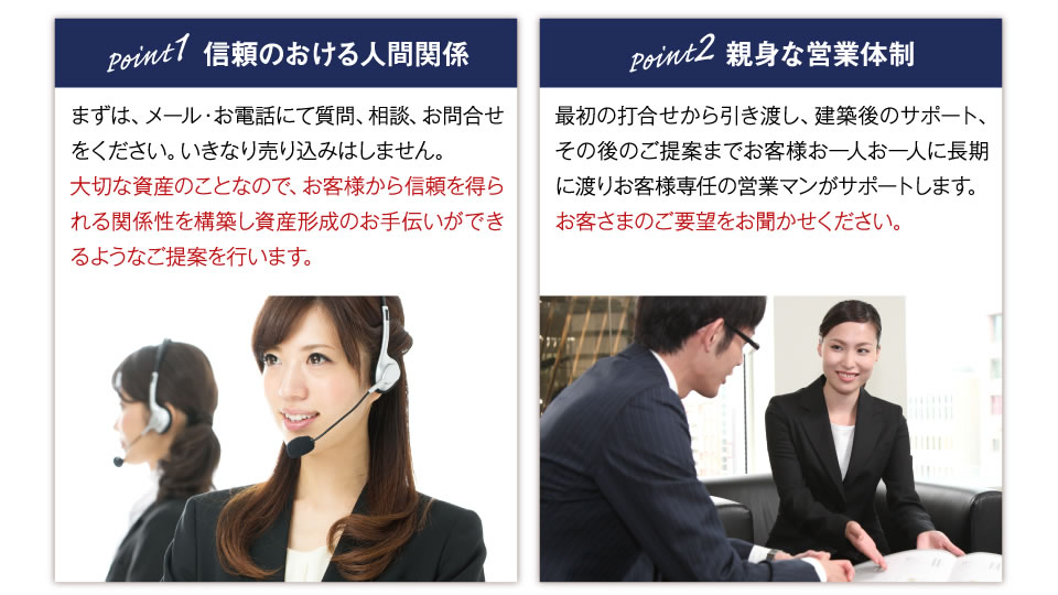 1.人間関係　まずは、メール・お電話にて質問、相談、お問合せをください。いきなり売り込みはしません。大切な資産のことなので、お客様から信頼を得られる関係性を構築し資産形成のお手伝いができるようなご提案を行います。2.親身の営業体制　最初の打合せから引き渡し、建築後のサポート、その後のご提案までお客様お一人お一人に長期に渡りお客様専任の営業マンがサポートします。「お客さまのご要望をお聞かせください」